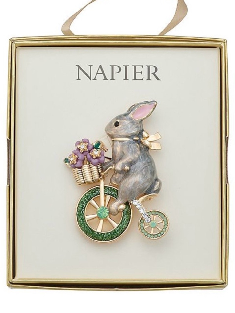 Napier Gold-Tone Gray Bunny Bicycle Brooch with Green and Pink Accents